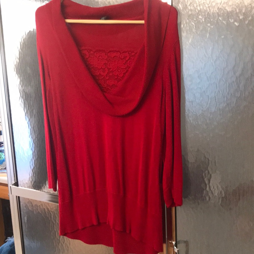 Beautiful red 3/4 sleeve sweater with boat collar and lace inset in the V.